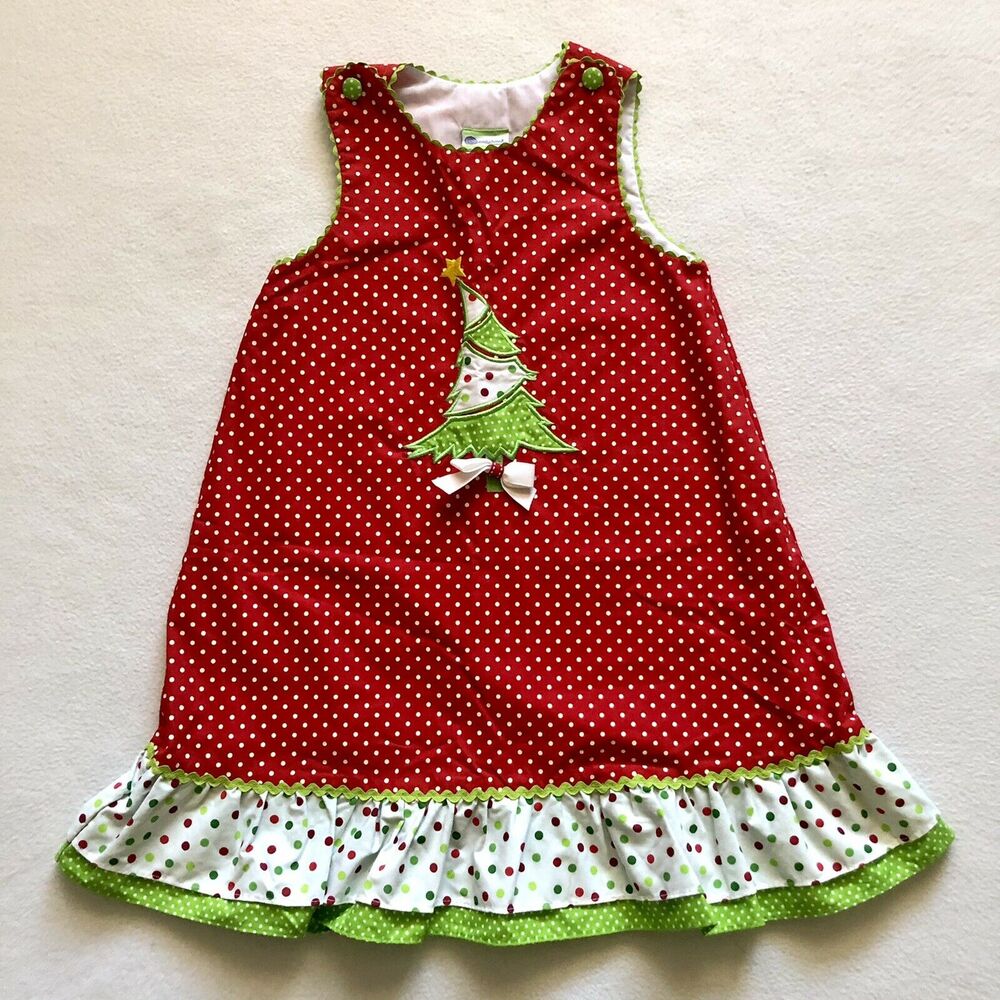 Candyland Girl Red Green Polka Dot Christmas Tree Applique Hand Smocked Dress 6